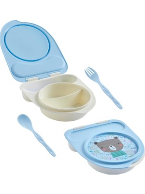 Str Store Flybee Gezgin Çocuk Taşınabilir Beslenme Kabı, Bebek Mama Kabı, Çatal & Kaşık Seti - Tilki (Yeşil Ayı)