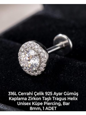 316L Cerrahi Çelik Gümüş Kaplama Tragus Helix Küpe Piercing Kararmaz Alerji Yapmaz Zirkon Taşlı Küpe Bar 8 mm Unisex Tekli Kadın Erkek Uyumlu Cartilage Kıkırdak Piercing