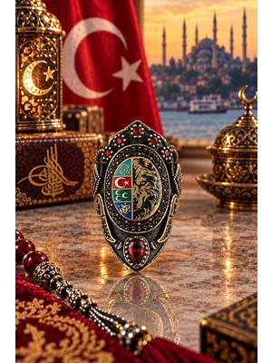 Siset Gümüş 925  Ayar Ayyıldız  ve Aslan Kafası Figürlü  Zihkir  Erkek  Gümüş  Yüzük