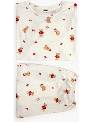 Koton Rahat Kesim Uzun Kollu Bisiklet Yaka Ayıcık Baskılı Pijama Takımı