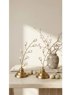 Decodelight Eskitme Kaplama Zeytin Dalı 2'li Kristal Taşlı Metal Ayaklı 2'li Ev Salon Aksesuar Yelpaze Dekorasyo