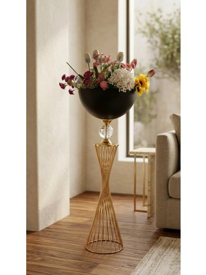 Decodelight Gold Burgu Metal Ayaklı Modern Cam Taşlı Siyah 30 cm Vazo Çiçeklik Modelleri