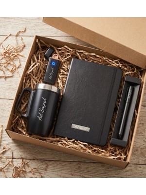 vegahediye v vega Kişiye Özel Siyah Bardak Termos & Siyah USB Çakmak & Roller Kalem & Defter Hediye Seti