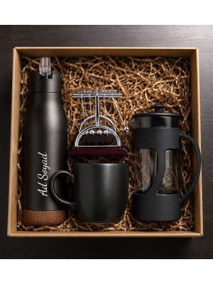 vegahediye v vega Kişiye Özel Doğal Görünümlü Taban Detaylı Termos (540ML) & Kupa & French Press & Newton Denge Topu (9X8CM) Hediye Seti