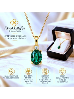 Silver City By Eva Gerçek Pırlantalı Zümrüt Taşlı Kolye, 925 Ayar Gümüş 18 Ayar Altın Kaplama, Sertifikalı ve Işıklı Hediye Kutulu