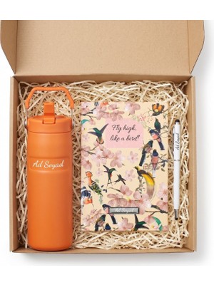 vegahediye v vega Kişiye Özel Pipetli ve Kulplu Paslanmaz Çelik Termos - 480 ml Mug & Defter & Kalem Hediye Seti