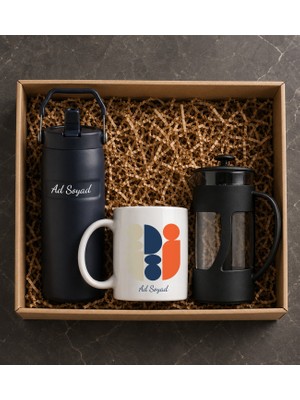 vegahediye v vega Kişiye Özel Pipetli ve Kulplu Paslanmaz Çelik Termos (480 Ml) Mug & Üç Renk Tasarımlı Kupa & French Press Hediye Seti