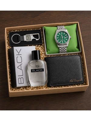 vegahediye v vega Kişiye Özel Emerald Legend Erkek Hediye Seti (Erkek Cüzdan & Özel Kutulu Yeşil Kadran Gümüş Renk Erkek Kol Saati & Kancalı Anahtarlık & Erkek Parfüm)