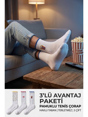 Lykos Erkek Beyaz Pamuklu Popcorn Desenli Tenis Çorap 3'lü Paket Havlu Taban