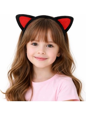 TKÇ Çocuklar Için Kırmızı Siyah Peluş Kedi Kulak Taç Xml