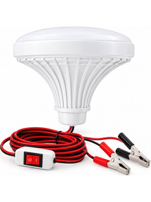 Str Store 12V Anahtarlı Seyyar Lamba 2 Metre Kablolu Akü Maşalı 24W Beyaz LED Ampul (Dc 12 Volt Aküler Için)