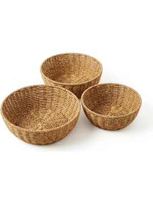 Go İthalat Plastik Rattan Hasır Görünümlü 3'lü Kase Çok Amaçlı Düzenleyici Sepet Seti