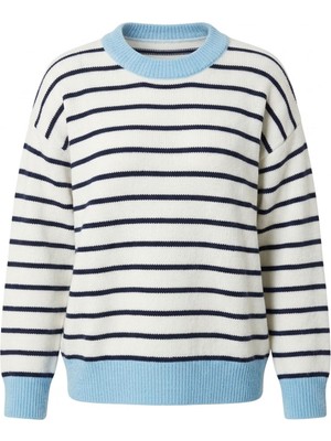 Magarde Premium Oversize Çizgili Triko Kazak- Mavi