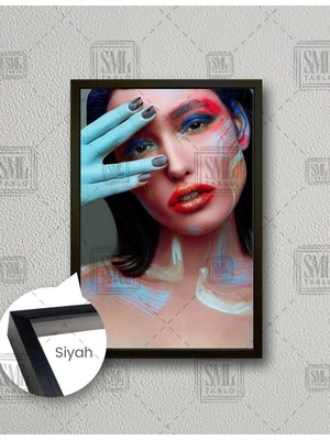 SML Tablo Sim ve Fırça Izleriyle Makyajlı Kadın Make Up Kuaför Model Dekorasyon Dikey Çerçeveli Kanvas Tablo