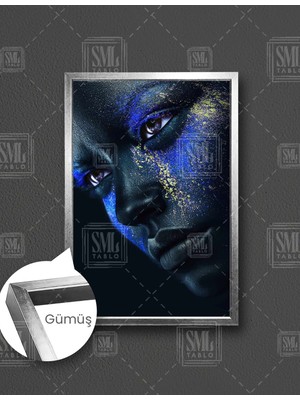SML Tablo Sarı ve Lacivert Sim Makyajlı Kadın Makyaj Model Make Up Dekoratif Dikey Çerçeveli Kanvas Tablo