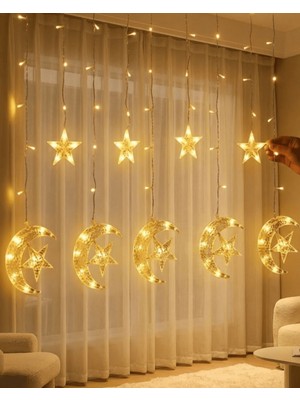 Str Store Hilal Yıldız Perde LED Işık 2 Modlu Sıcak Beyaz Dekoratif Aydınlatma