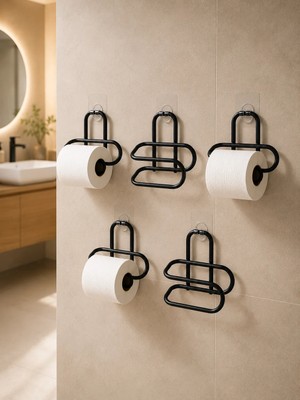 Str Store Siyah Metal Tuvalet Kağıdı Tutucu 5’li Set Yapışkanlı Duvar Tipi Banyo Wc Askısı