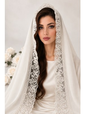Ceylan Collection Mevlüt Örtüsü - Kırık Beyaz - Hazır Dantel Işlemeli Boncuklu ve Pullu Özel Tasarım Şifon Mevlüt Örtüsü 70×150
