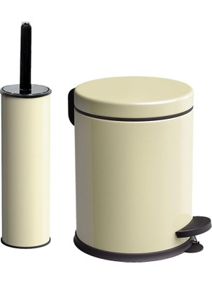Str Store Eko Serisi Ayak Basmalı Özellikli 2'li Banyo Seti 3 Litre Çöp Kovası ve Kolozet Fırçası Paslanmaz Krem