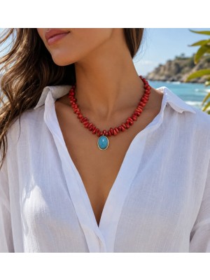 Sinem Şanlı Atelier Coral Doğal Damla Mercan Turkuaz Kolye