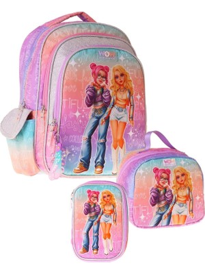 Str Store Üçlü Ilkokul Okul Çanta Seti - Pembe - Mor - Star Desenli - Kız Çocuk - SETWG-W6033A