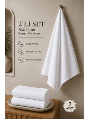 Softtowel 2'li Banyo Havlusu 530GR 70X140 cm %100 Pamuk Yumuşak Yüksek Su Emici Beyaz Havlu Seti