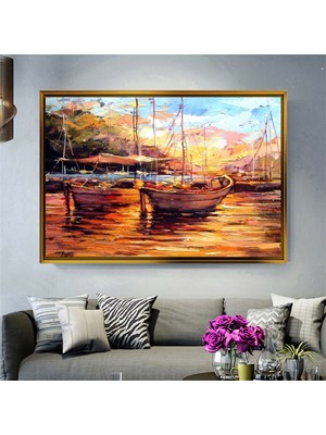 Tablore Gün Batımı Balıkçı Tekneleri Tablosu Çerçeveli Kanvas Tablo Modern Salon Dekoru