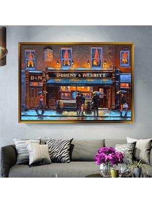 Tablore Yağlı Boya Doheny & Nesbitt Pub ve Yağmurlu Sokak Çerçeveli Kanvas Tablo Modern Salon Dekoru