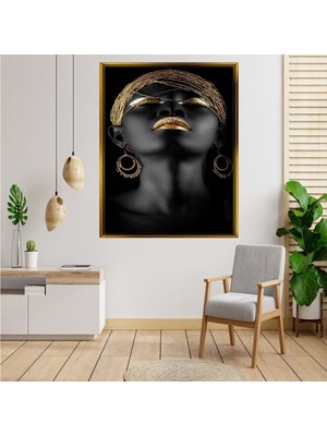 Tablore Siyah ve Gold Lüks Kadın Portresi Çerçeveli Kanvas Tablo Modern Salon Dekoru