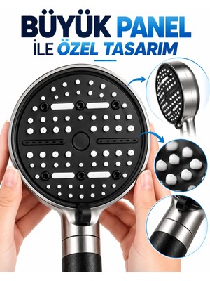Str Store Modern Tasarımlı 6 Modlu Filtreli Duş Başlığı Büyük Panel Metalik Siyah Duş Aparatı