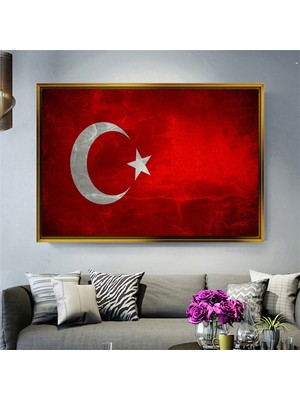 Tablore Eskitme Doku Türk Bayrağı ve Ay Yıldız Çerçeveli Kanvas Tablo Modern Salon Dekoru