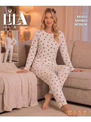 Lila Kadın Kalp Baskılı Raporlu Interlok Uzun Kollu Pijama Takımı