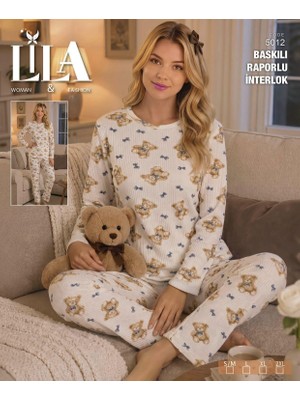 "lila Woman & Fashion Code 5012 Ayıcıklı Baskılı Raporlu Interlok" Kadın/pijama Takımı