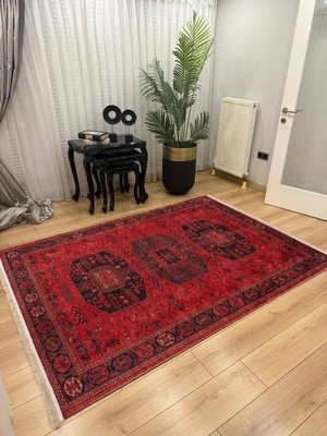 Efta Halı 4 M2 (160X230 Cm) Dijital Baskı Halı Afgan Serisi A2 Kırmızı Geleneksel Motifli Makinede Yıkanabilir Kaymaz Deri Tabanlı