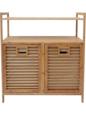 Go İthalat Kalın Ahşap Bambu 2 Katlı 2 Bölmeli Raflı Önden Çek Aç Kirli Çamaşır Sepeti Banyo Organizeri 80x33x87 cm.