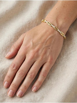 BROTLIWY Gold Renk Grek Desen Zirkon Taşlı Paslanmaz Çelik Kadın Bileklik