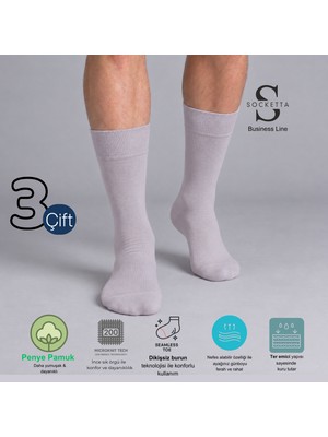 Socketta 3'lü Gri Erkek Business Pamuk Dikişsiz Takviyeli Ince Yazlık Soket Çorap - Premium