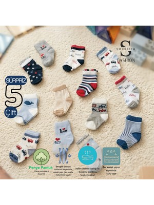 Socketta 5'li Karışık Renkli Sürpriz Paket Erkek Bebek Pamuk Desenli Soket Çorap - Premium