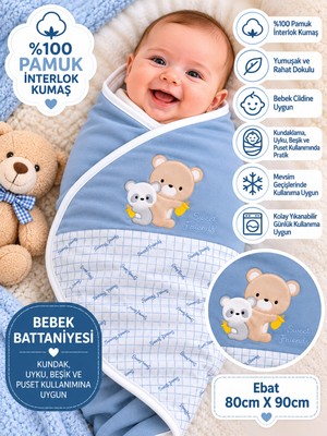 Sönmez Bebe Bebek Kundak Battaniyesi %100 Pamuk Çift Kat Interlok Kumaş-Ebat 80CMX90CM Yenidoğan Nakışlı Battaniye Bebek Hediyelik