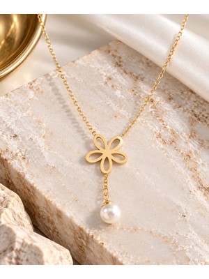 Terragolds 316L Çelik Zincir Gold Renk Inci Detay Çiçek Kolye