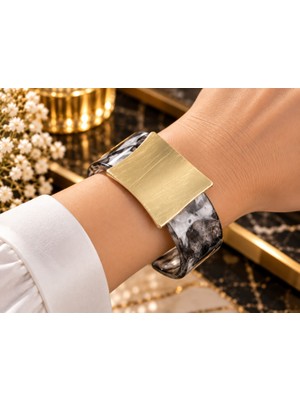 Terragolds Siyah Mermer Desen Akrilik Plastik Gold Kare Plaka Model Vintage Kadın Bilezik