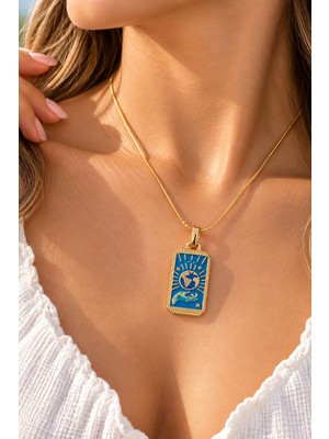 Terragolds 316L Çelik Gold Renk Mavi Mineli El Figür Tarot Kolye