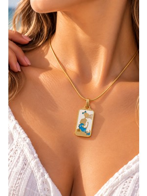 Terragolds 316L Çelik Gold Renk Beyaz Mineli Kız Figür Tarot Kolye