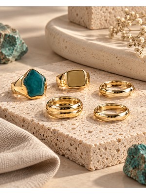Terragolds Gold Renk Çelik Yeşil Taş Detaylı Bohem Yüzük Kombini BYK4286