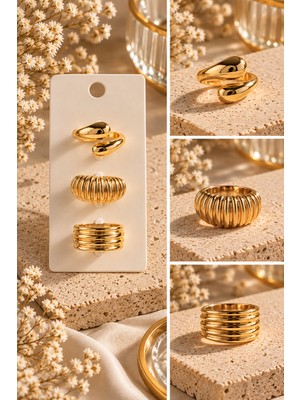 Terragolds Gold Renk Çelik 3'lü Vintage Kadın Yüzük Kombini BYK4298