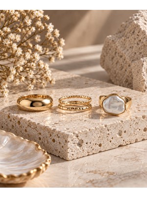 Terragolds Gold Renk Çelik 3'lü Vintage Kadın Yüzük Kombini BYK4290
