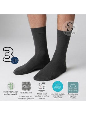 Socketta 3'lü Füme Erkek Business Bambu Dikişsiz Takviyeli Ince Yazlık Soket Çorap - Premium