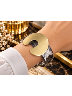 Terragolds Siyah Mermer Desen Akrilik Plastik Gold Nal Model Plaka Vintage Kadın Bilezik