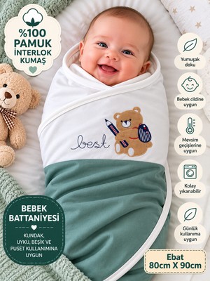 Sönmez Bebe Bebek Kundak Battaniyesi %100 Pamuk Çift Kat Interlok Kumaş-Ebat 80CMX90CM Yenidoğan Nakışlı Battaniye Bebek Hediyelik