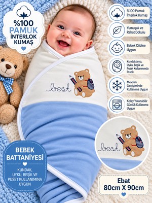 Sönmez Bebe Bebek Kundak Battaniyesi %100 Pamuk Çift Kat Interlok Kumaş-Ebat 80CMX90CM Yenidoğan Nakışlı Battaniye Bebek Hediyelik